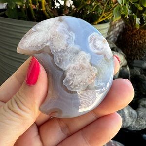 Vibrant Blue Flower Agate Moon Carving
